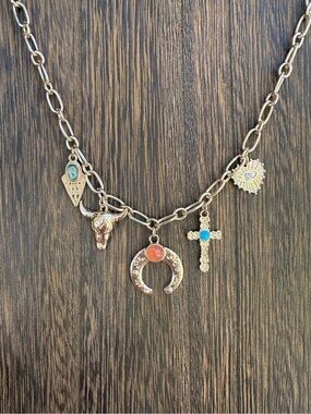 Gold-Tone Multi-Charm Necklace with Turquoise and Coral Accents